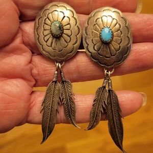 Vintage Native American Sterling Silver Feather Turquoise Concho Earrings 3"